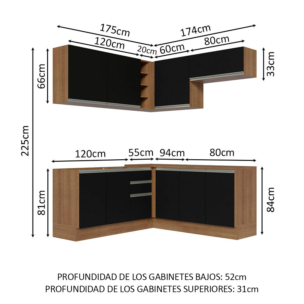 Cocina Integral Esquinera 349cm Marrón/Negro Glamy 03