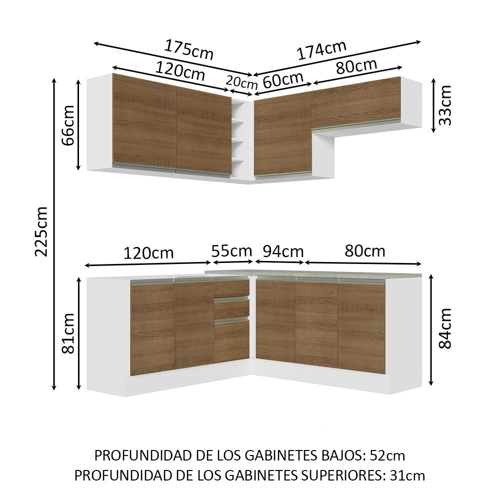Cocina Integral Esquinera 349cm Blanco/Marrón Glamy 03