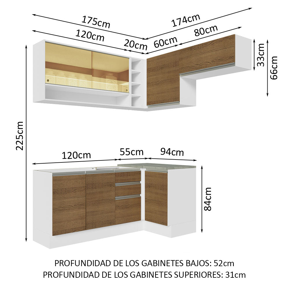 Cocina Integral Esquinera 349cm Blanco/Marrón Glamy 06