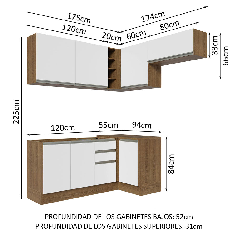 Cocina Integral Esquinera 349cm Marrón/Blanco Glamy 07