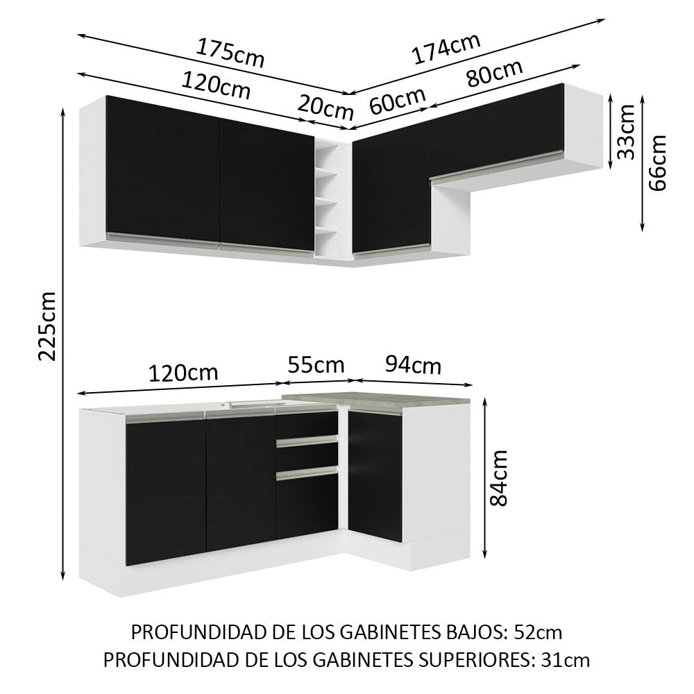 Cocina Integral Esquinera 349cm Blanco/Negro Glamy 07