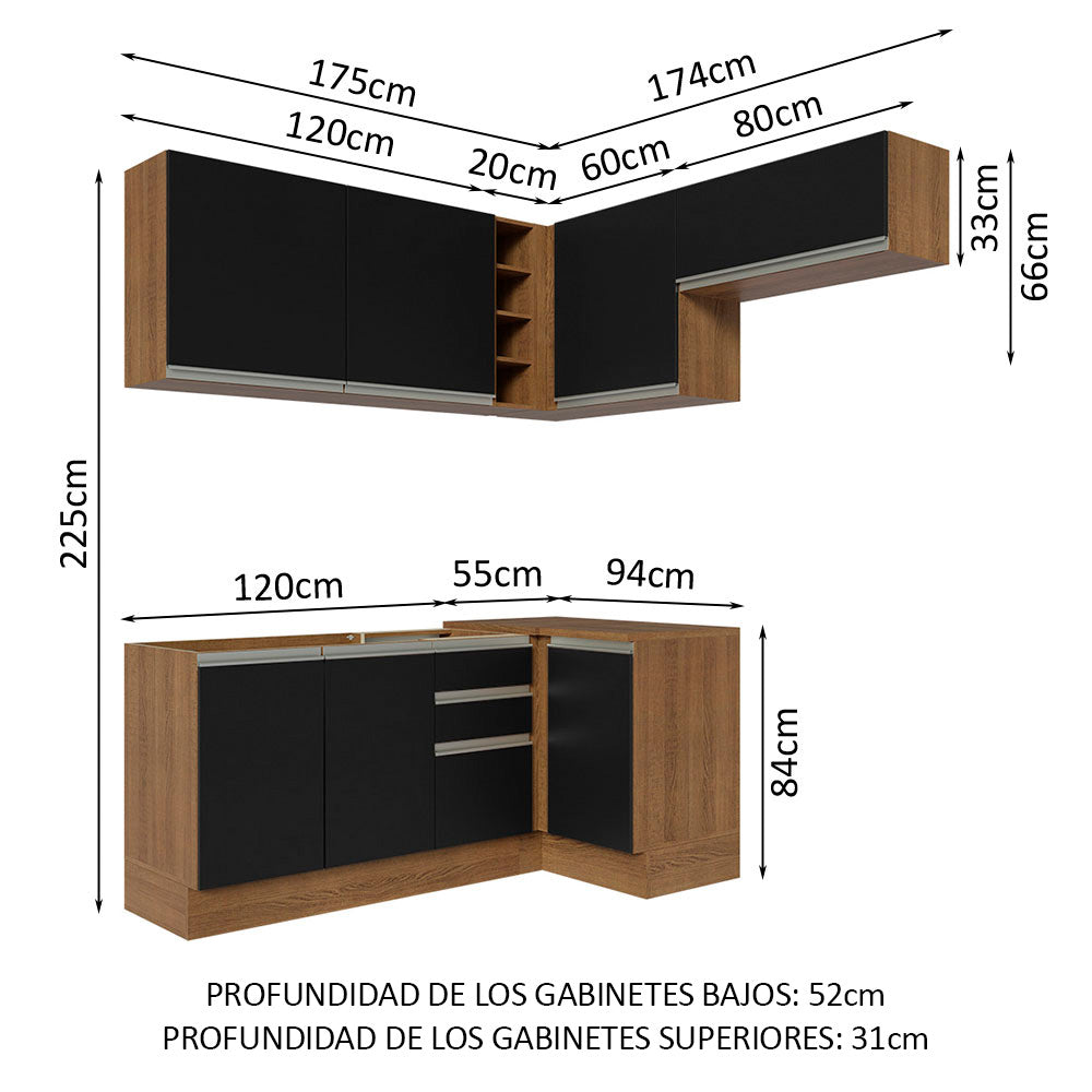 Cocina Integral Esquinera 349cm Marrón/Negro Glamy 07