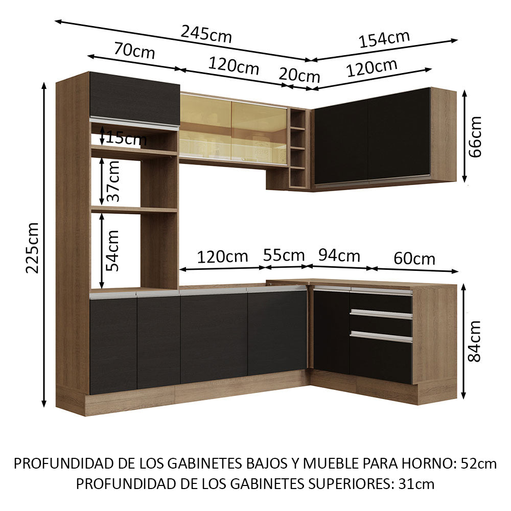 Cocina Integral Esquinera 399cm Marrón/Negro Glamy 02