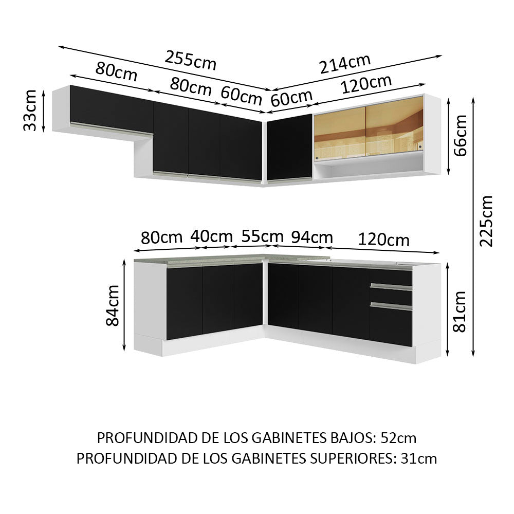 Cocina Integral Esquinera 469cm Blanco/Negro Glamy 01