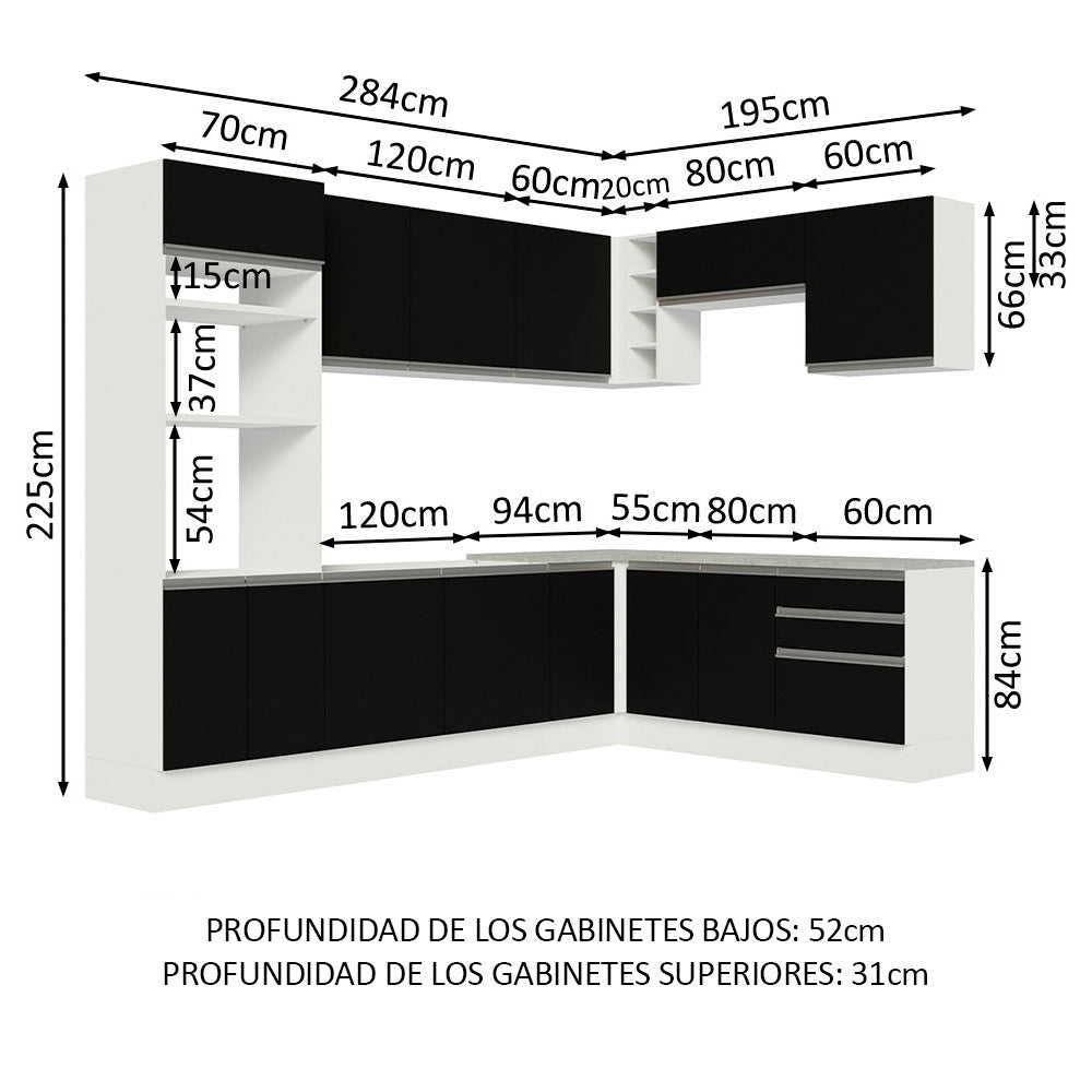 Cocina Integral Esquinera 479cm Blanco/Negro Glamy 01