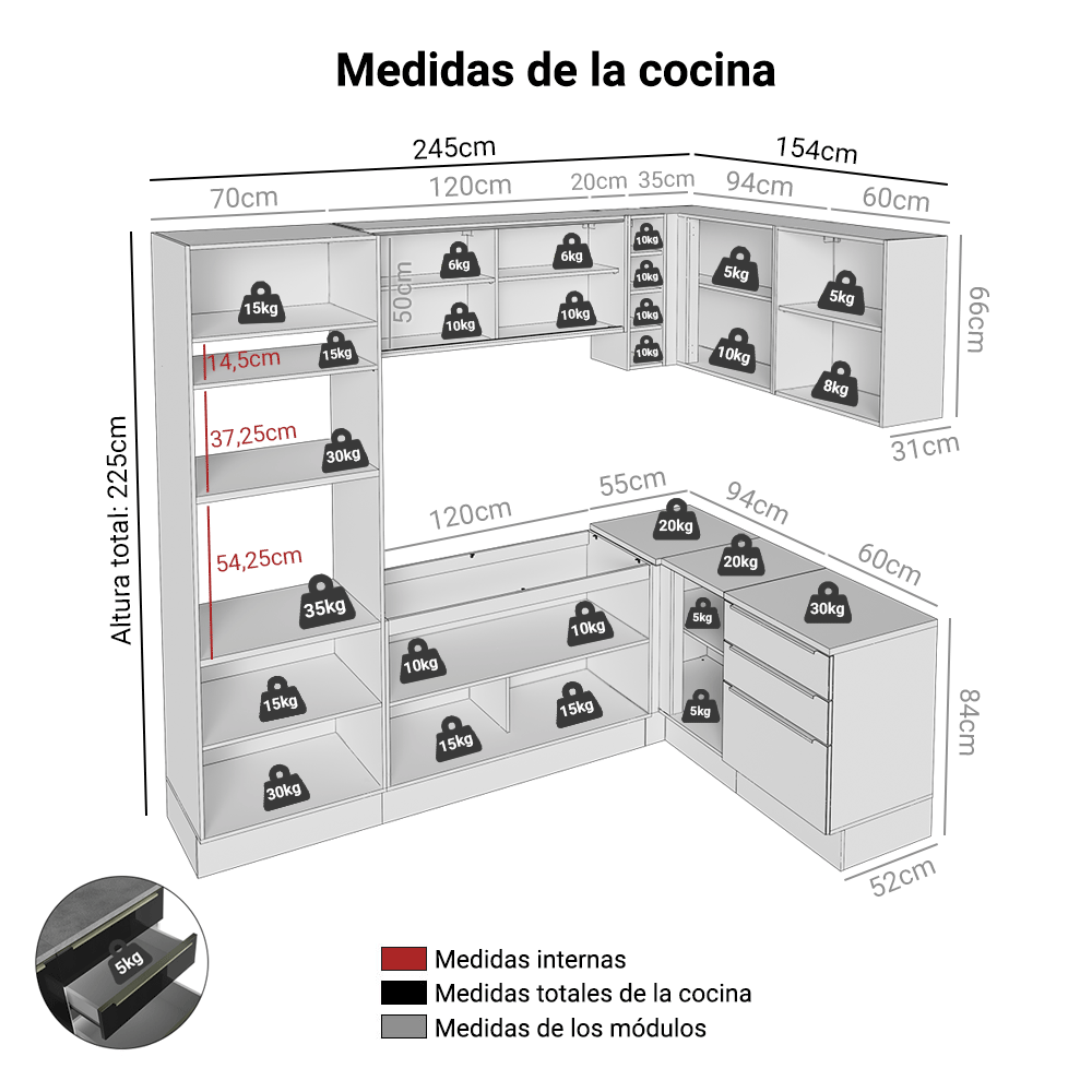 Cocina Integrale Esquinera 399 cm Blanco/Negro Lux Madesa 01