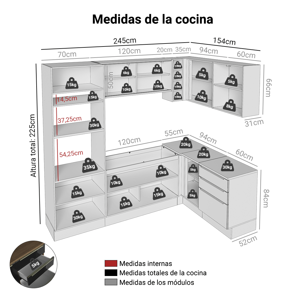 Cocina Integral Esquinera 399 cm Marrón/Negro Lux Madesa 01
