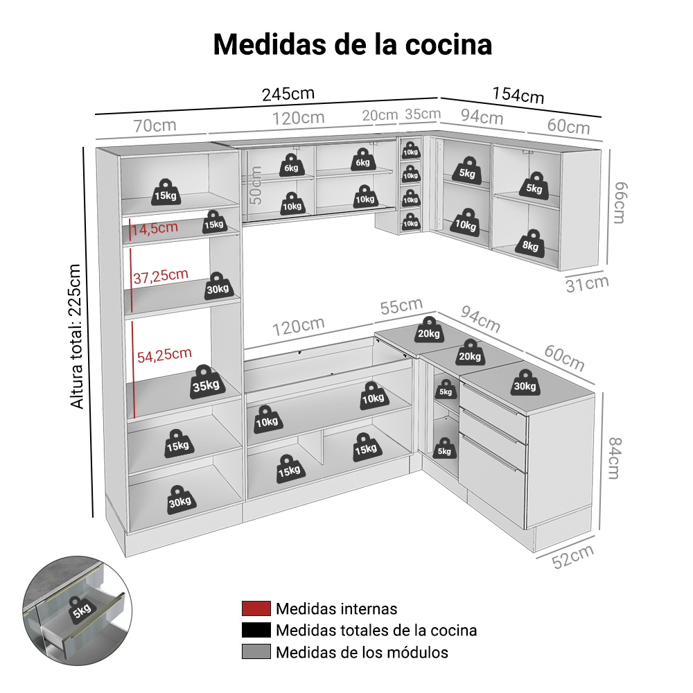 Cocina Integrale Esquinera 399 cm Blanco/Gris Lux Madesa 01