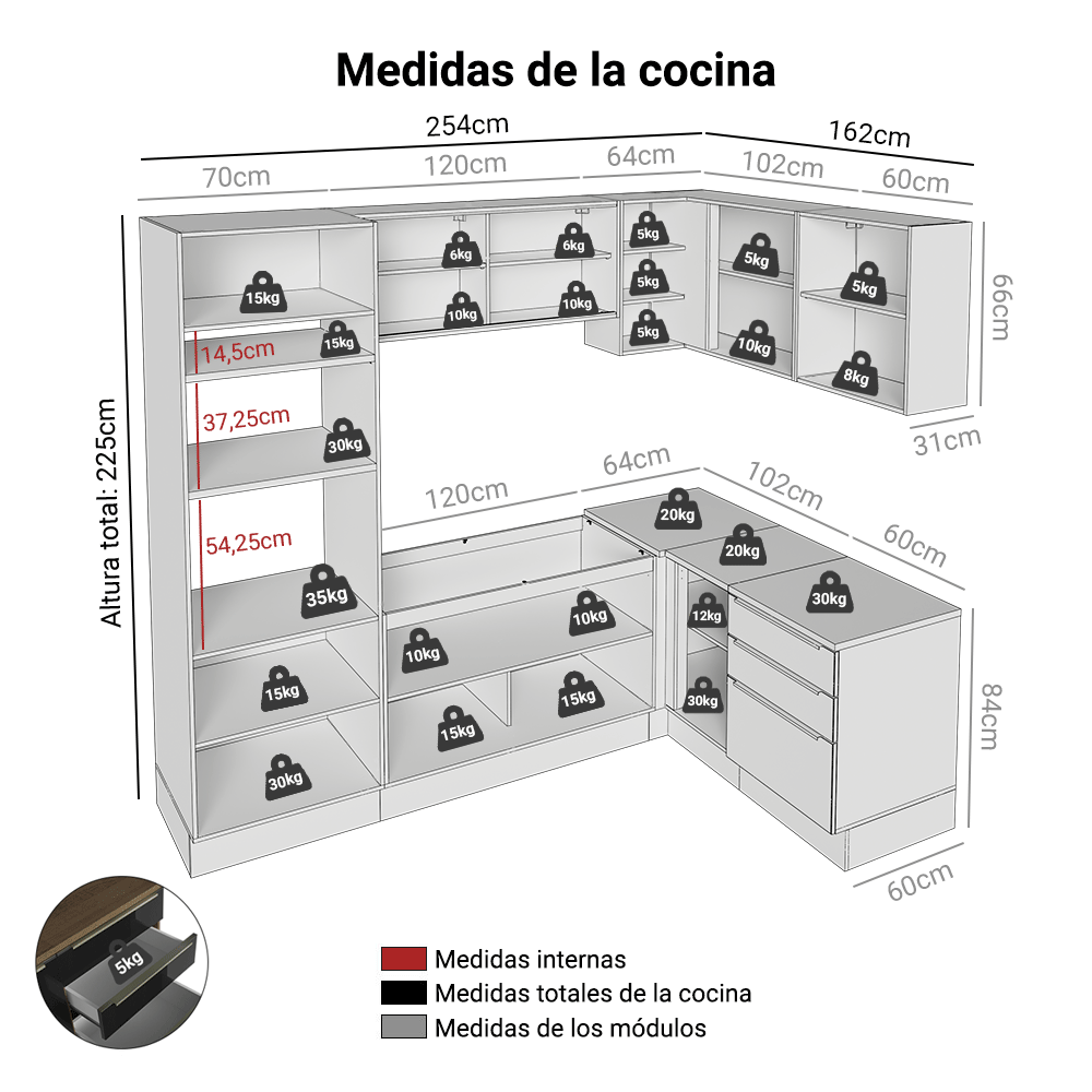 Cocina Integrale Esquinera 416 x 60 cm Marrón/Negro Lux Madesa 01