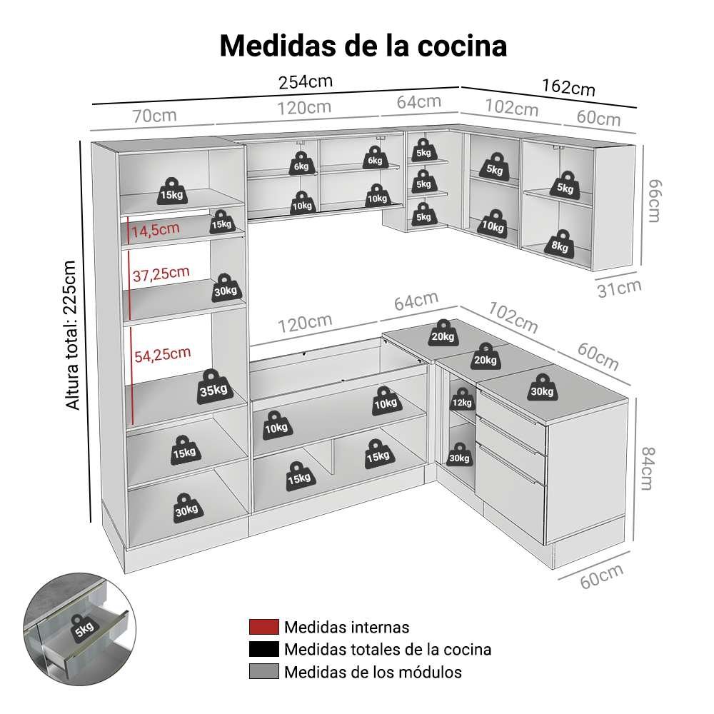 Cocina Integrale Esquinera 416 x 60 cm Blanco/Gris Lux Madesa 01