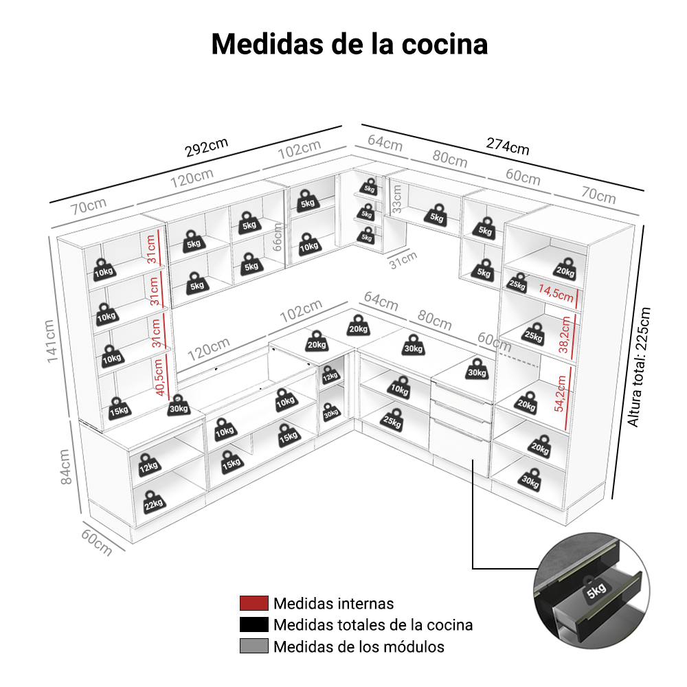 Cocina Integral 566cm Blanco/Negro Lux 01