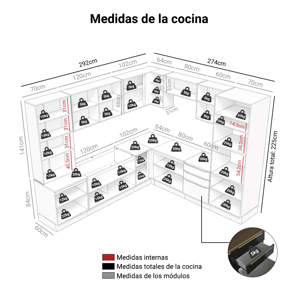 Cocina Integral 566cm Marrón/Negro Lux 01