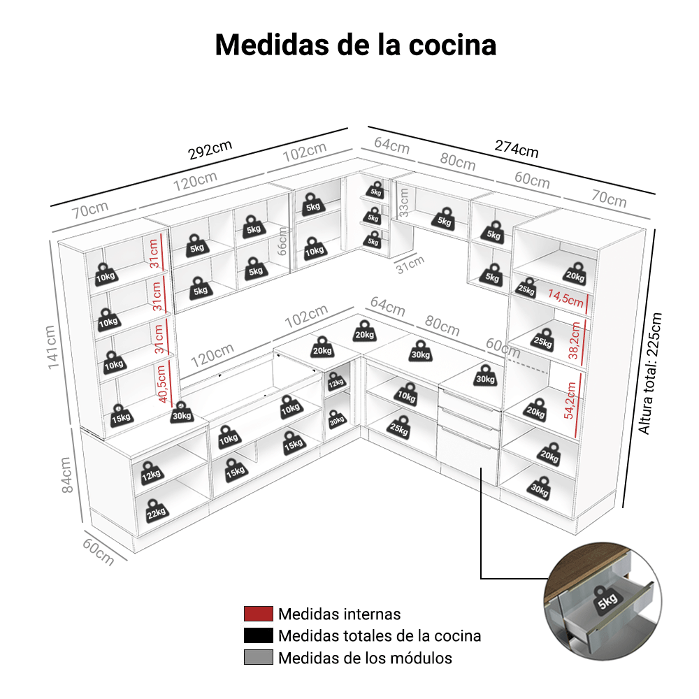Cocina Integral 566cm Marrón/Gris Lux 01