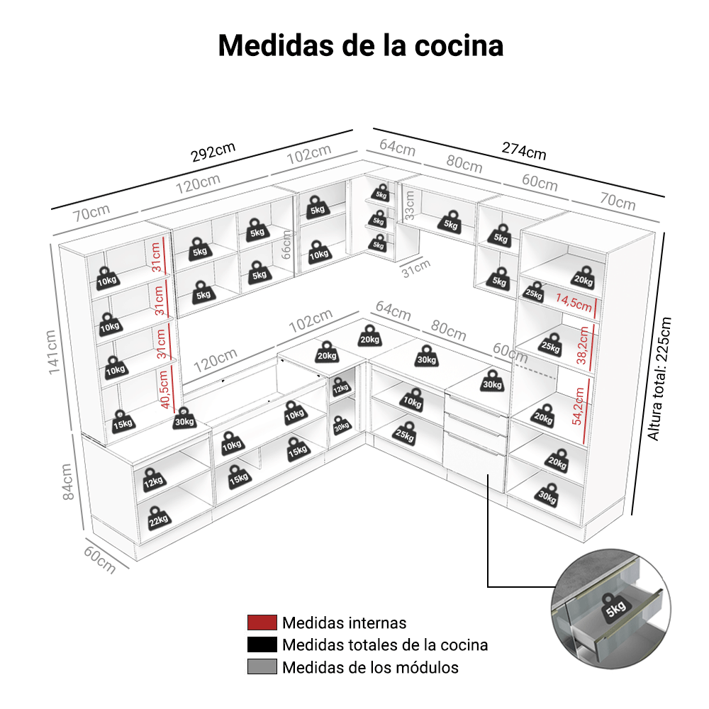 Cocina Integral 566cm Blanco/Gris Lux 01
