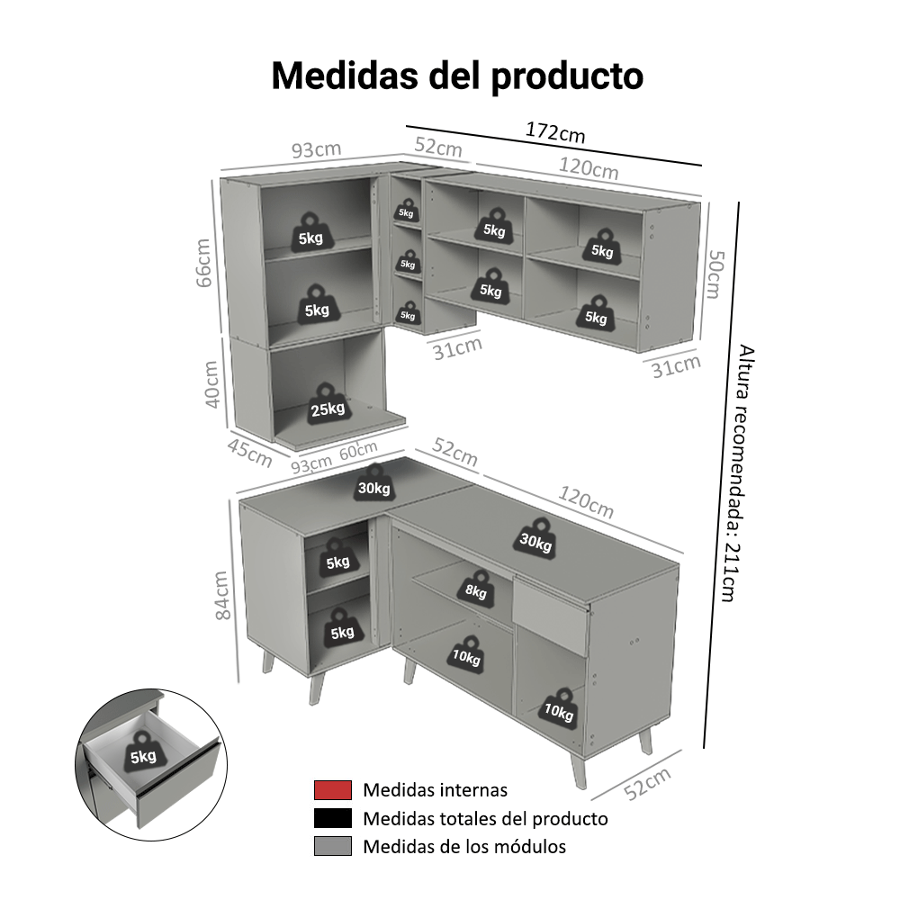 Cocina Integrale Esquinera 265 cm Gris Nice Madesa 05