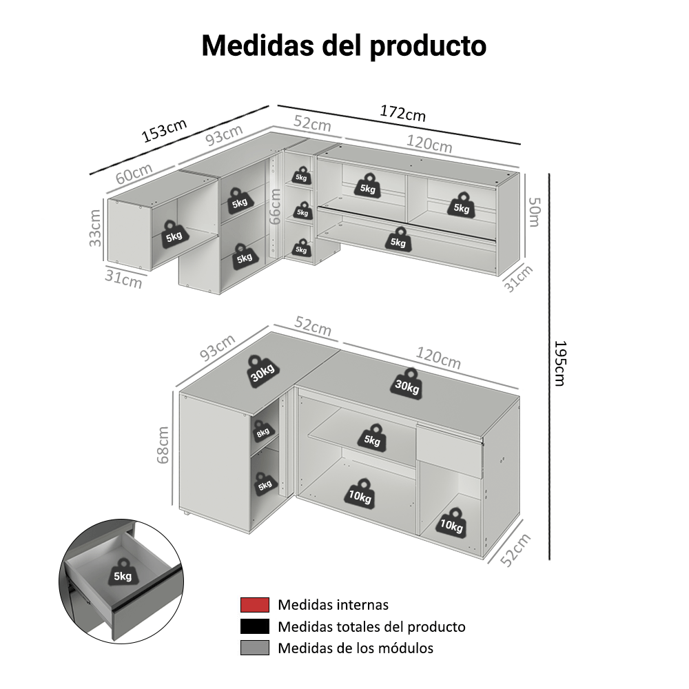 Cocina Integral 325 cm sin Patas Gris Nice