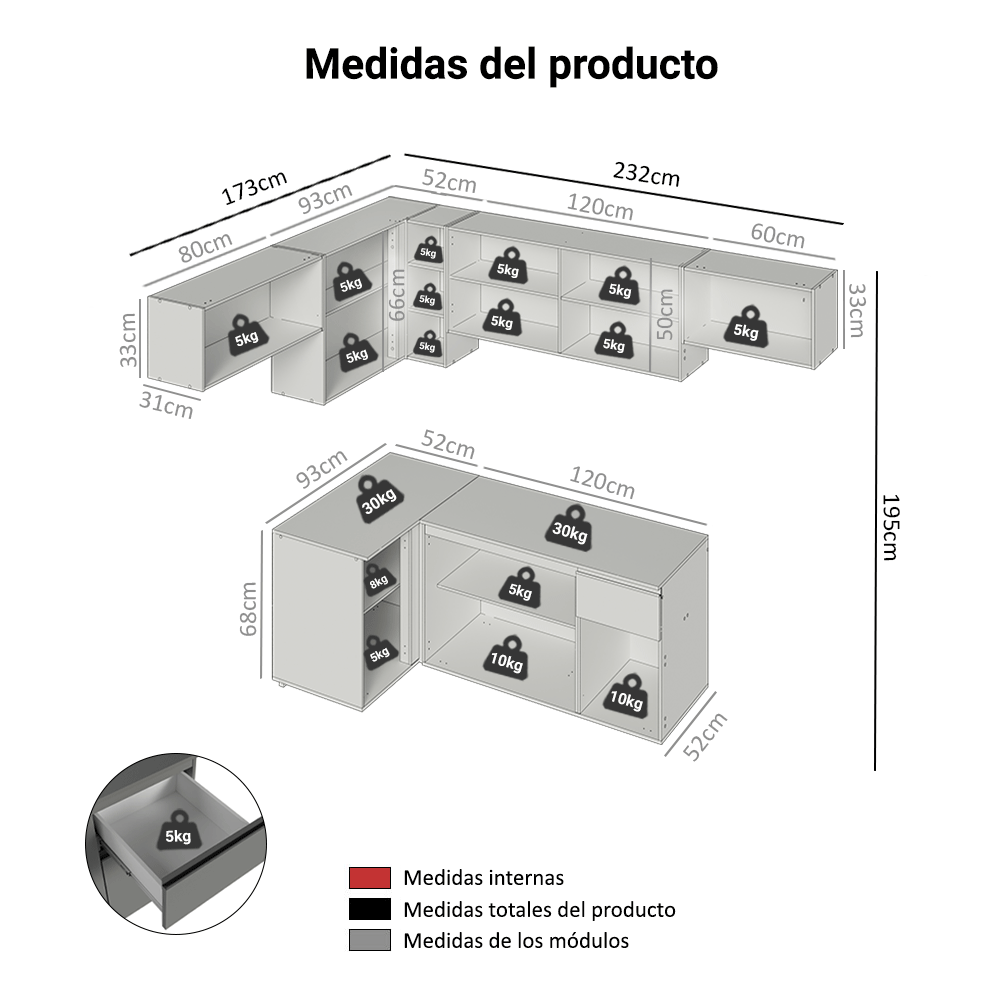 Cocina Esquinera 405 cm Sin Patas Nice Gris 01