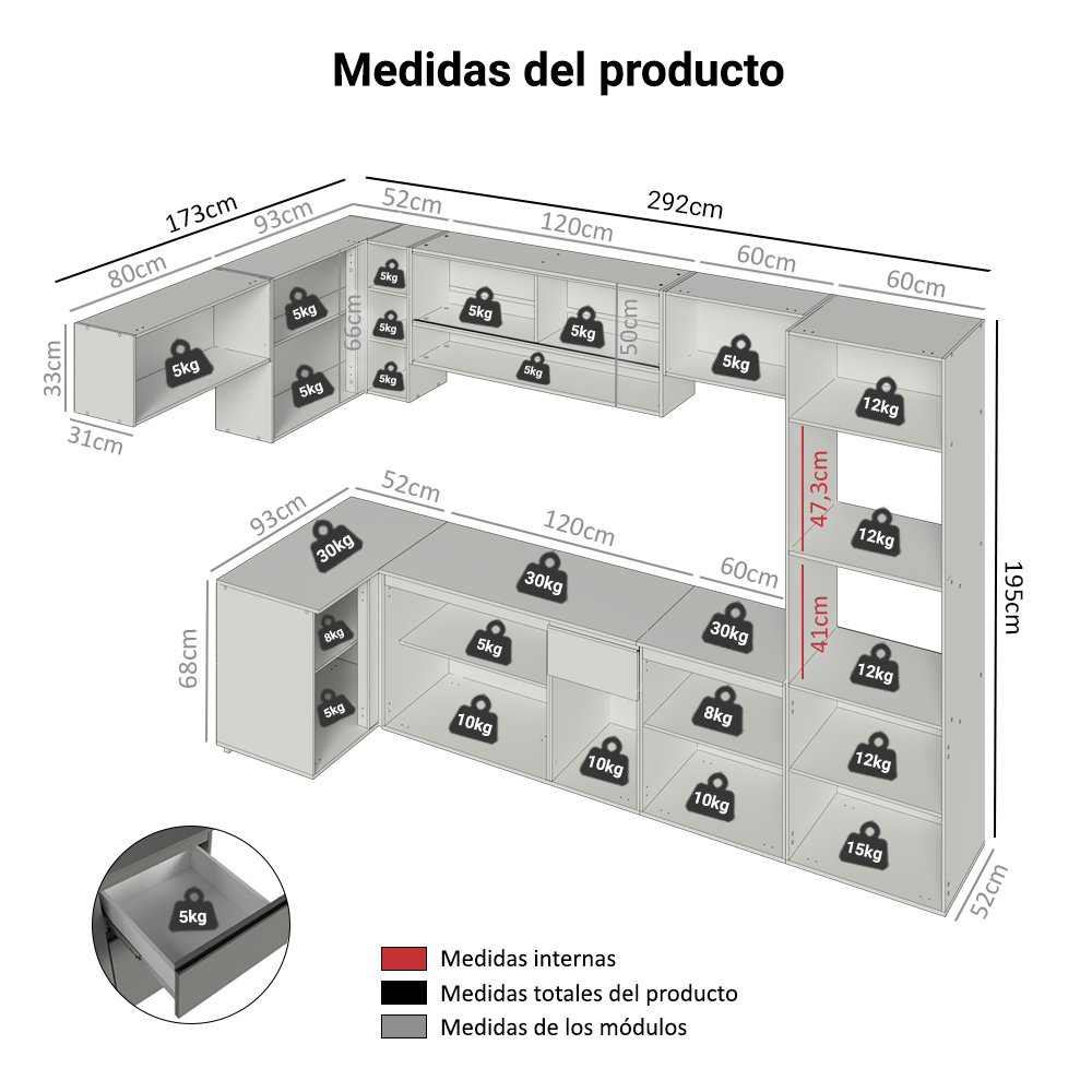 Cocina Integral 465 cm sin Patas Gris Nice 02