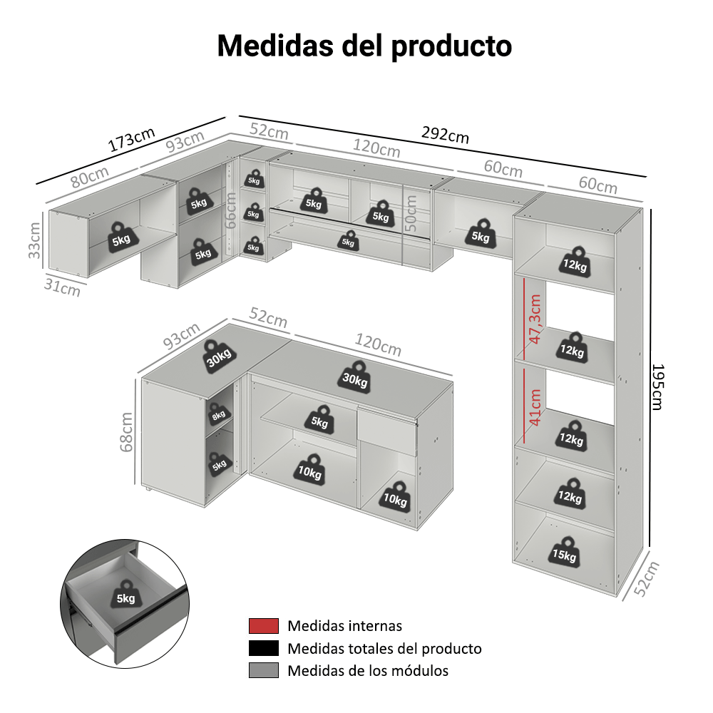 Cocina Integral 465 cm sin Patas Gris Nice 06