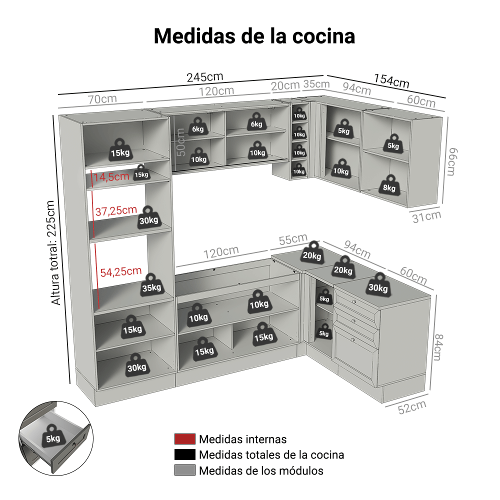 Cocina Integral Esquinera 399 cm Blanco/Gris Vik Madesa 01