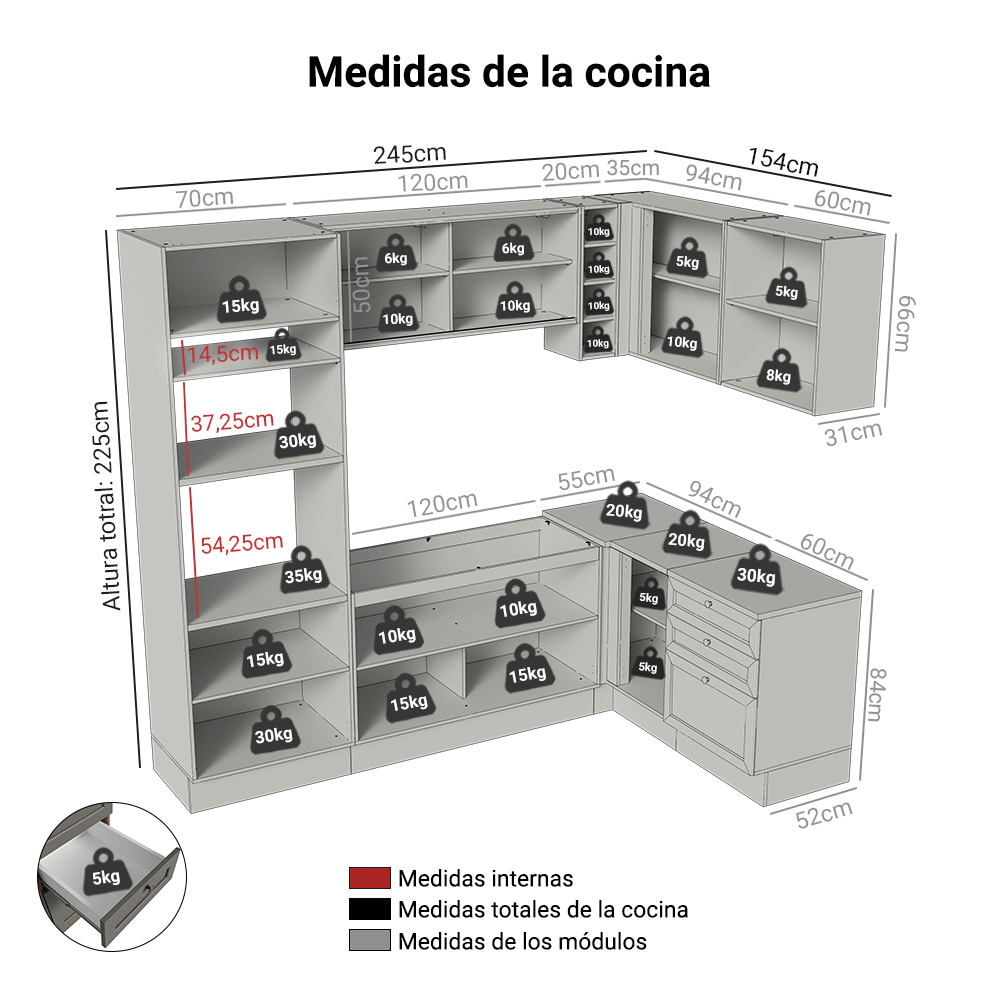 Cocina Integral Esquinera 399 cm Marrón/Gris Vik Madesa 02