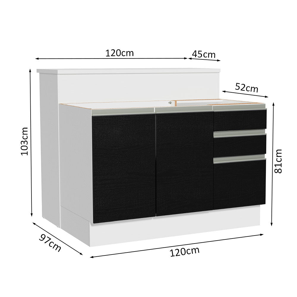 Isla de Cocina 120 cm 2 Puertas 3 Cajones Sin Encimera Blanco/Negro Glamy Madesa