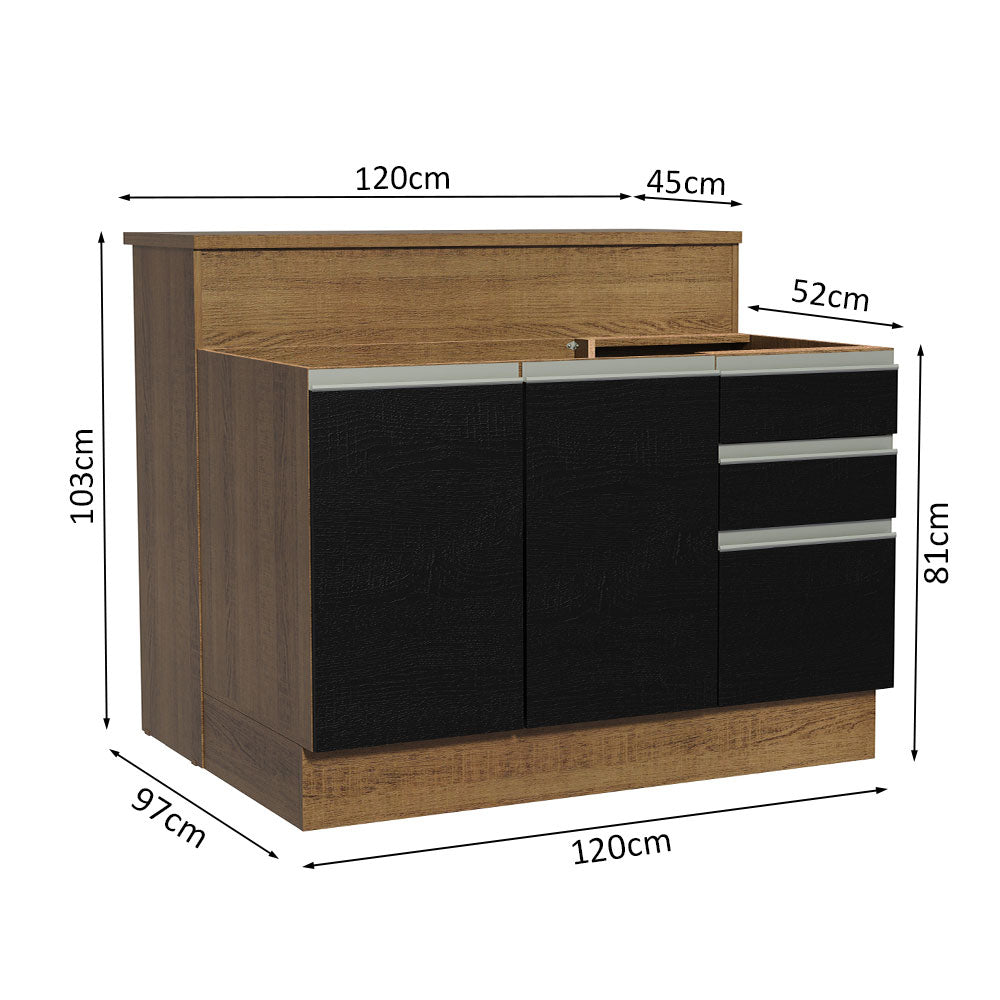 Isla de Cocina 120 cm 2 Puertas 3 Cajones Sin Encimera Marrón/Negro Glamy Madesa