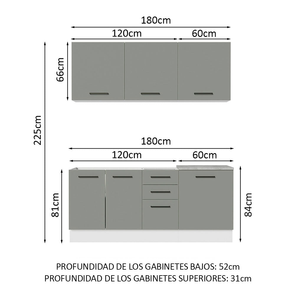 Cocina Compacta 180 x 52 cm 6 Puertas 3 Cajones Blanco/Gris Agata Madesa 01