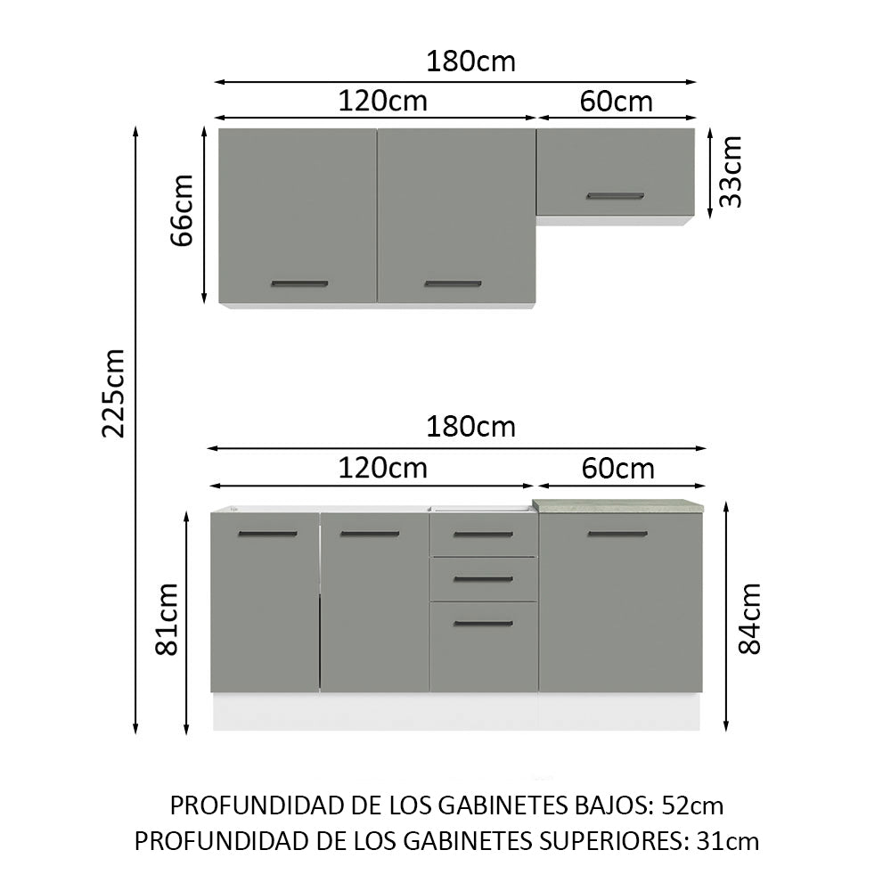 Cocina Compacta 180 x 52 cm 6 Puertas 3 Cajones Blanco/Gris Agata Madesa 03