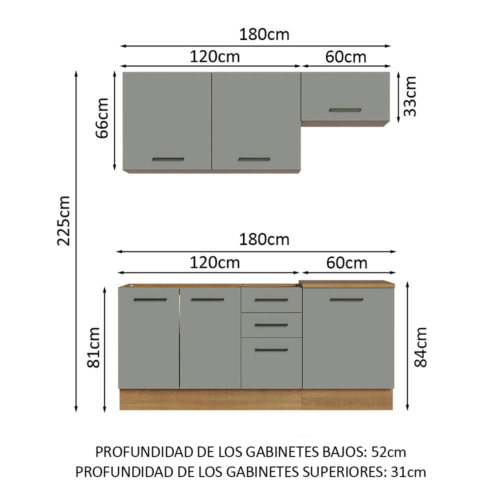 Cocina Compacta 180 x 52 cm 6 Puertas 3 Cajones Marrón/Gris Agata Madesa 03