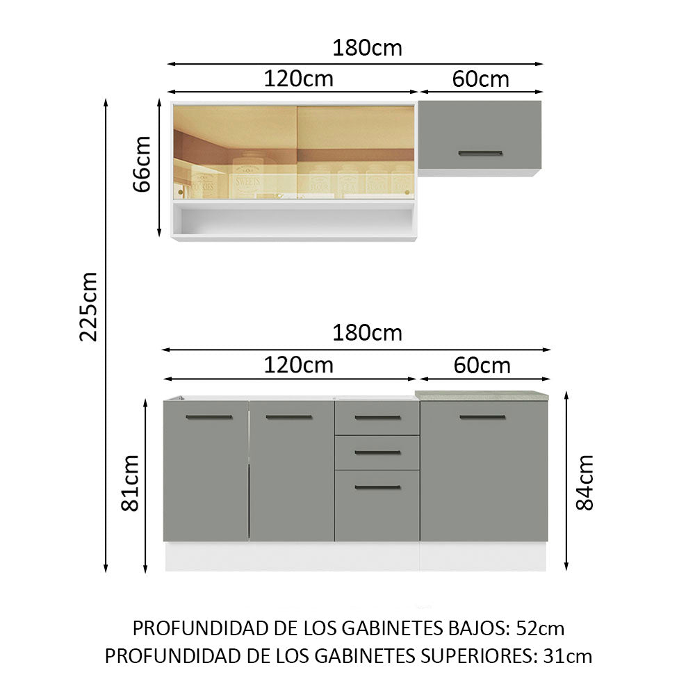 Cocina Compacta 180 x 52 cm 6 Puertas 3 Cajones Blanco/Gris Agata Madesa 04