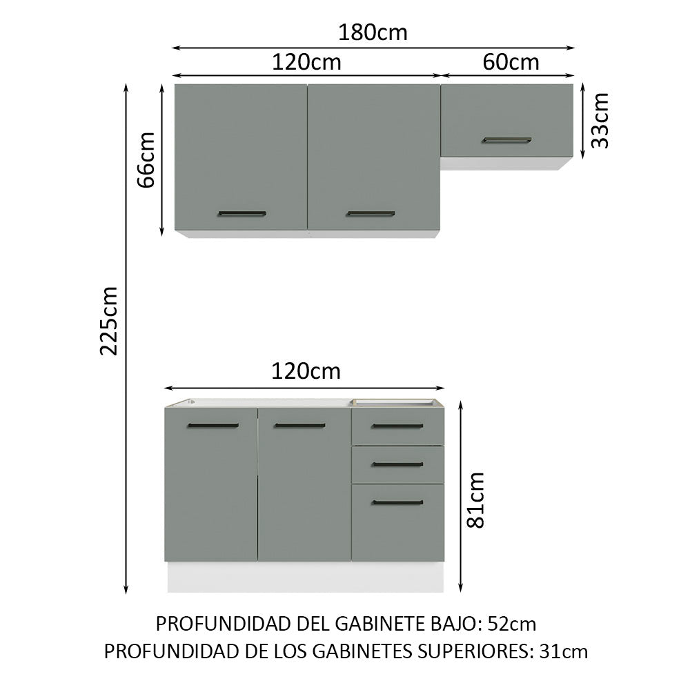 Cocina Compacta 180 x 52 cm 5 Puertas 3 Cajones Blanco/Gris Agata Madesa
