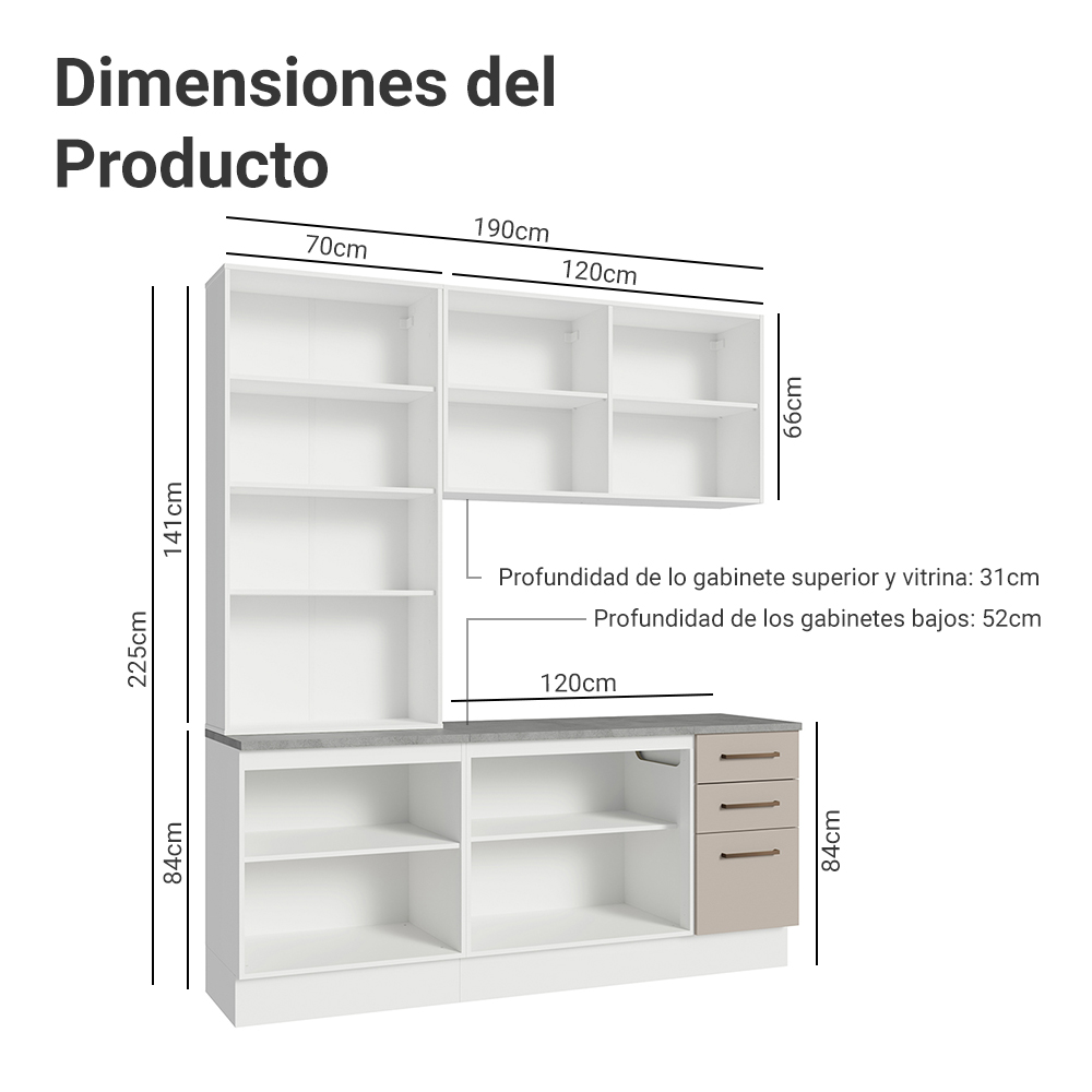 Cocina Compacta 190 cm Con Vitrina Blanco/Crema Agata Madesa