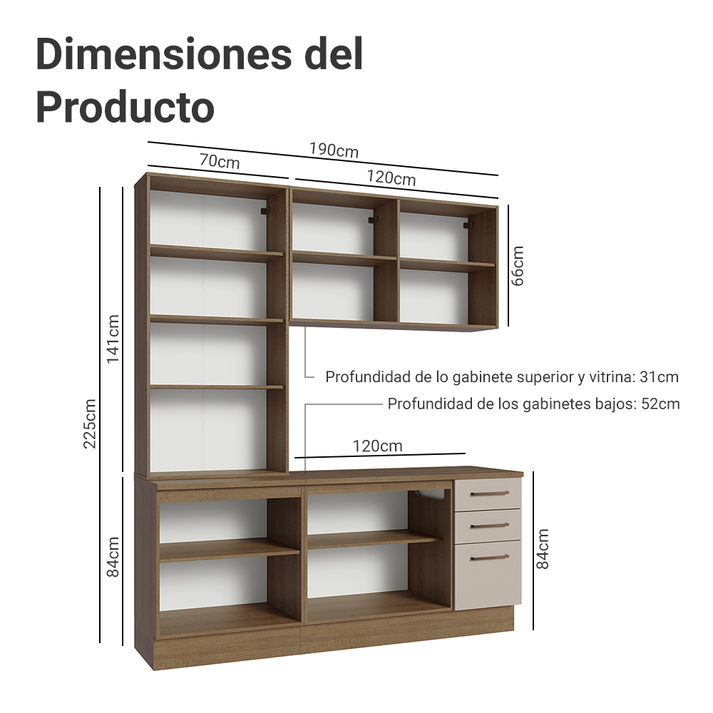 Cocina Compacta 190 cm Con Vitrina Marrón/Crema Agata Madesa