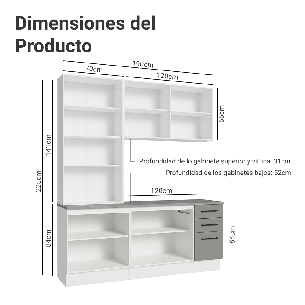 Cocina Compacta 190 cm Con Vitrina Blanco/Gris Agata Madesa