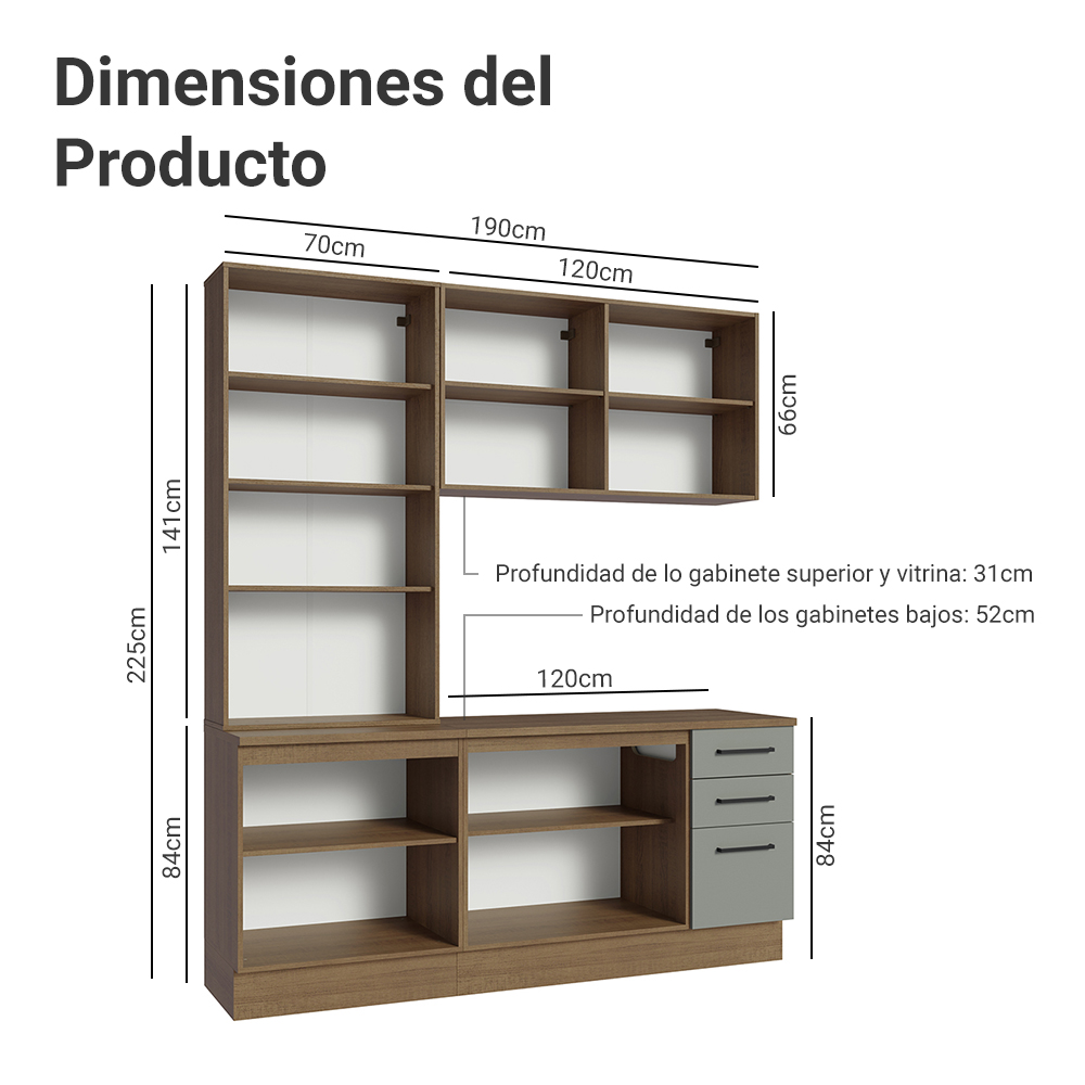 Cocina Compacta 190 cm Con Vitrina Marrón/Gris Agata Madesa