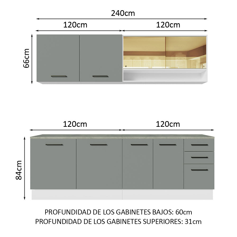 Cocina Compacta 240 x 60 cm 8 Puertas 3 Cajones Blanco/Gris Agata Madesa