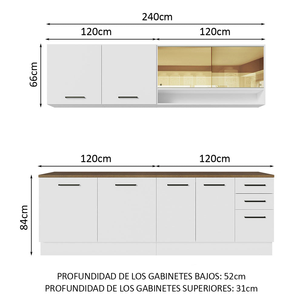 Cocina Compacta 240 x 60 cm 8 Puertas 3 Cajones Blanco/Marrón Agata Madesa