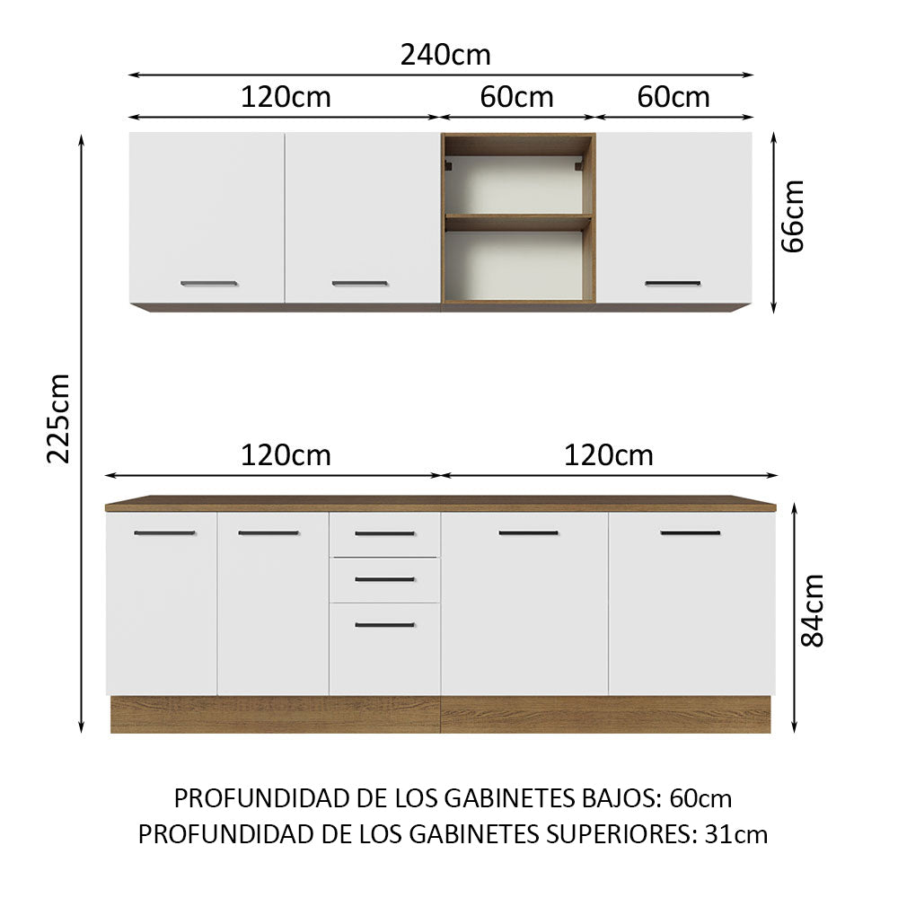 Cocina Compacta 240 x 60 cm 7 Puertas 3 Cajones Marrón/Blanco Agata Madesa