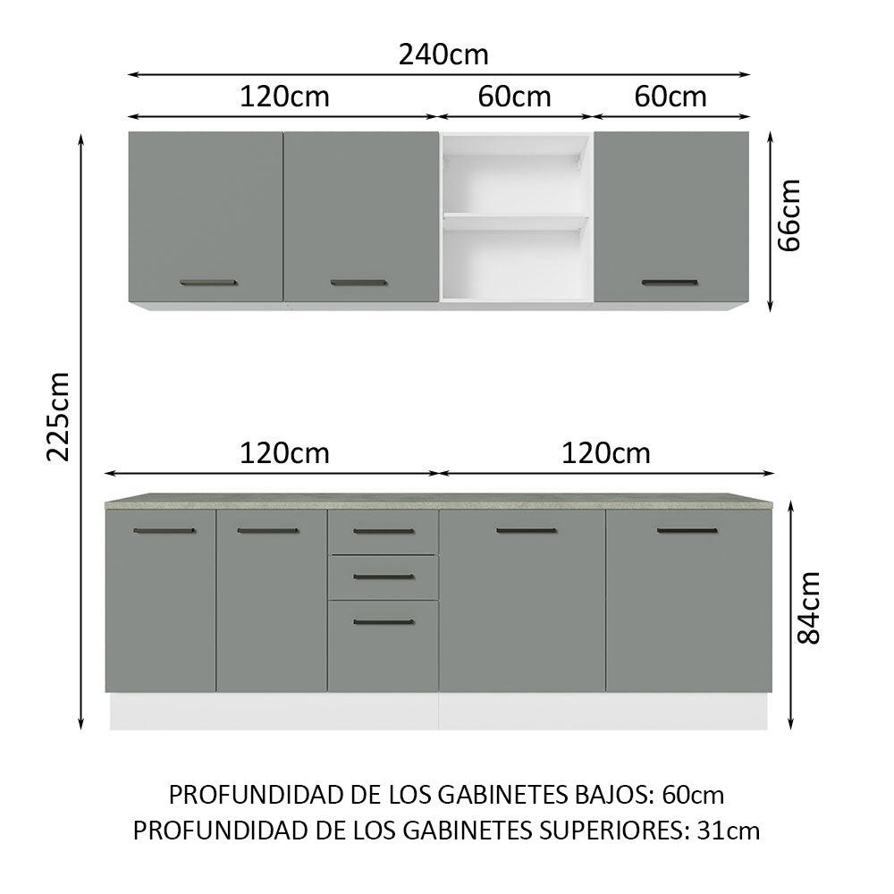Cocina Compacta 240 x 60 cm 7 Puertas 3 Cajones Blanco/Gris Agata Madesa