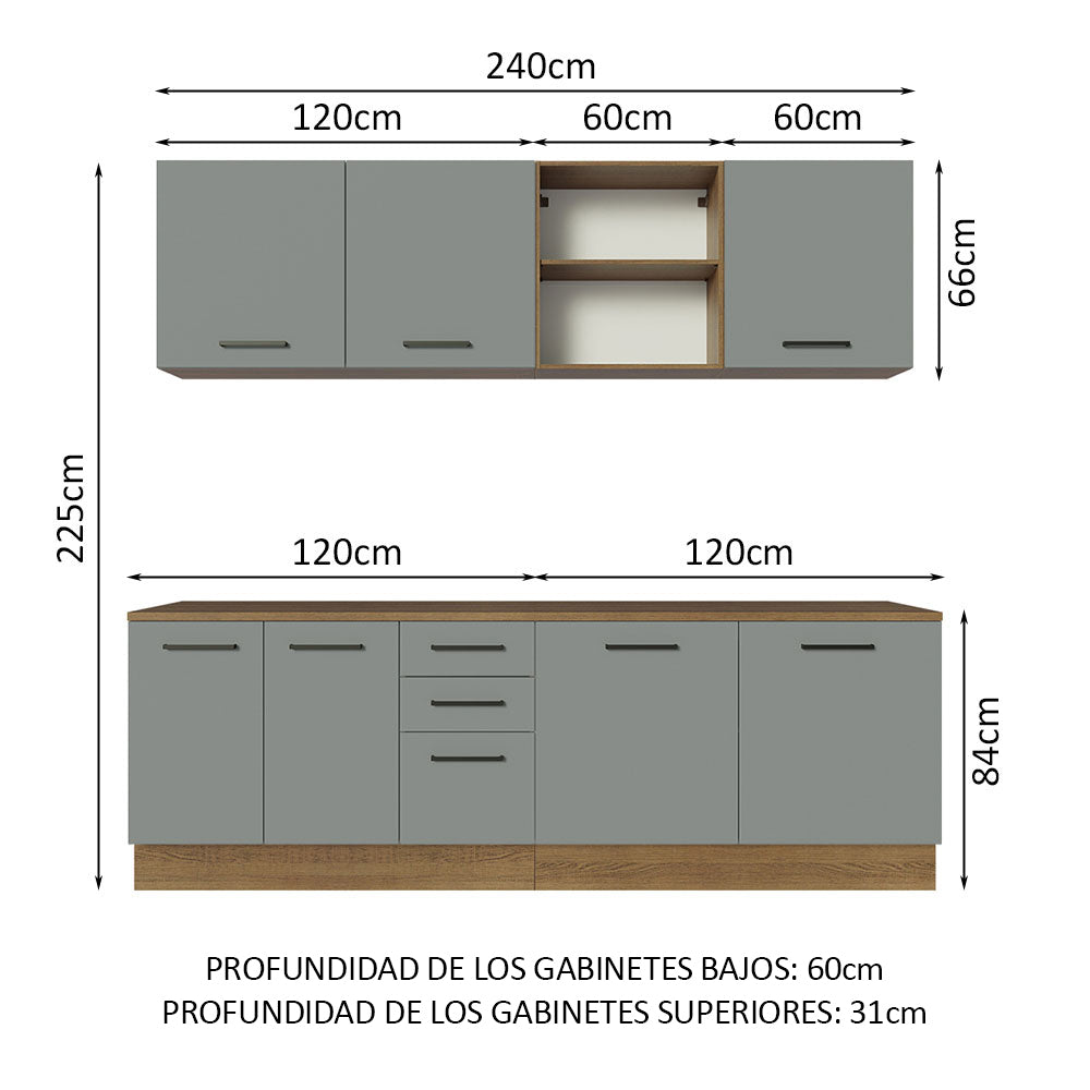 Cocina Compacta 240 x 60 cm 7 Puertas 3 Cajones Marrón/Gris Agata Madesa