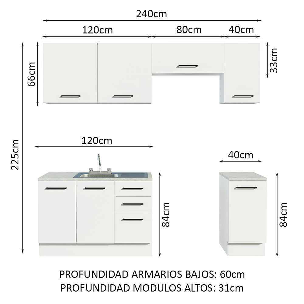 Cocina Compacta 240 x 60 cm Con Fregadero y Accesorios de Cocina Blanco Agata Madesa