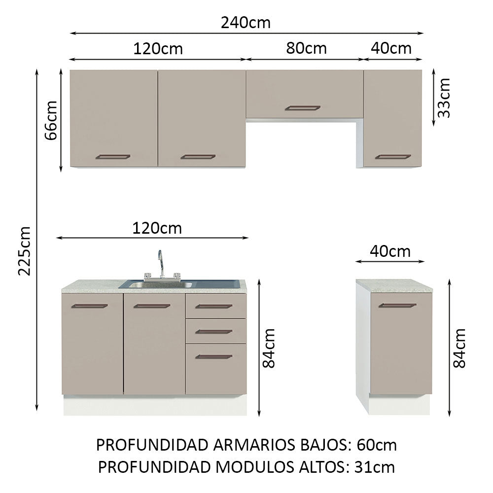 Cocina Compacta 240 cm Con Fregadero y Accesorios de Cocina Blanco/Crema Agata Madesa