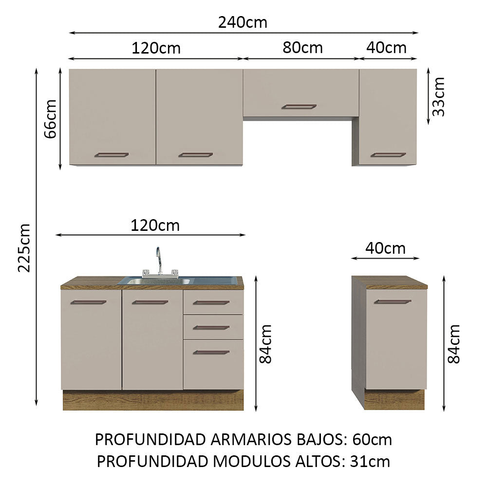 Cocina Integral con Accesorios 240 x 60cm Agata Marrón/Crema