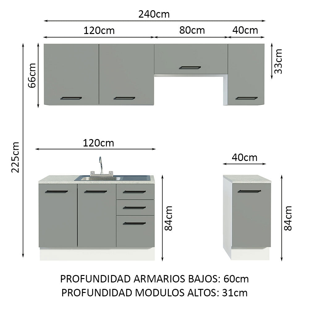 Cocina Compacta 240 cm Blanco/Gris Agata Madesa