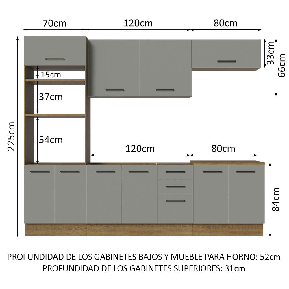 Cocina Integral 270 x 52 cm 10 Puertas 3 Cajones Marrón/Gris Agata Madesa