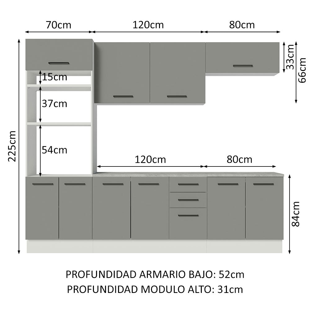 Cocina Integral 270 x 52 cm 10 Puertas 3 Cajones Blanco/Gris Agata Madesa 02