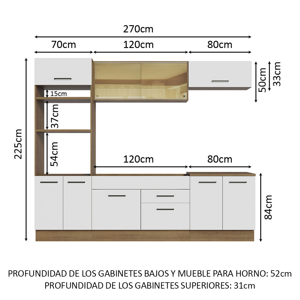 Cocina Integral 270 x 52 cm 9 Puertas 2 Cajones Marrón/Blanco Agata Madesa