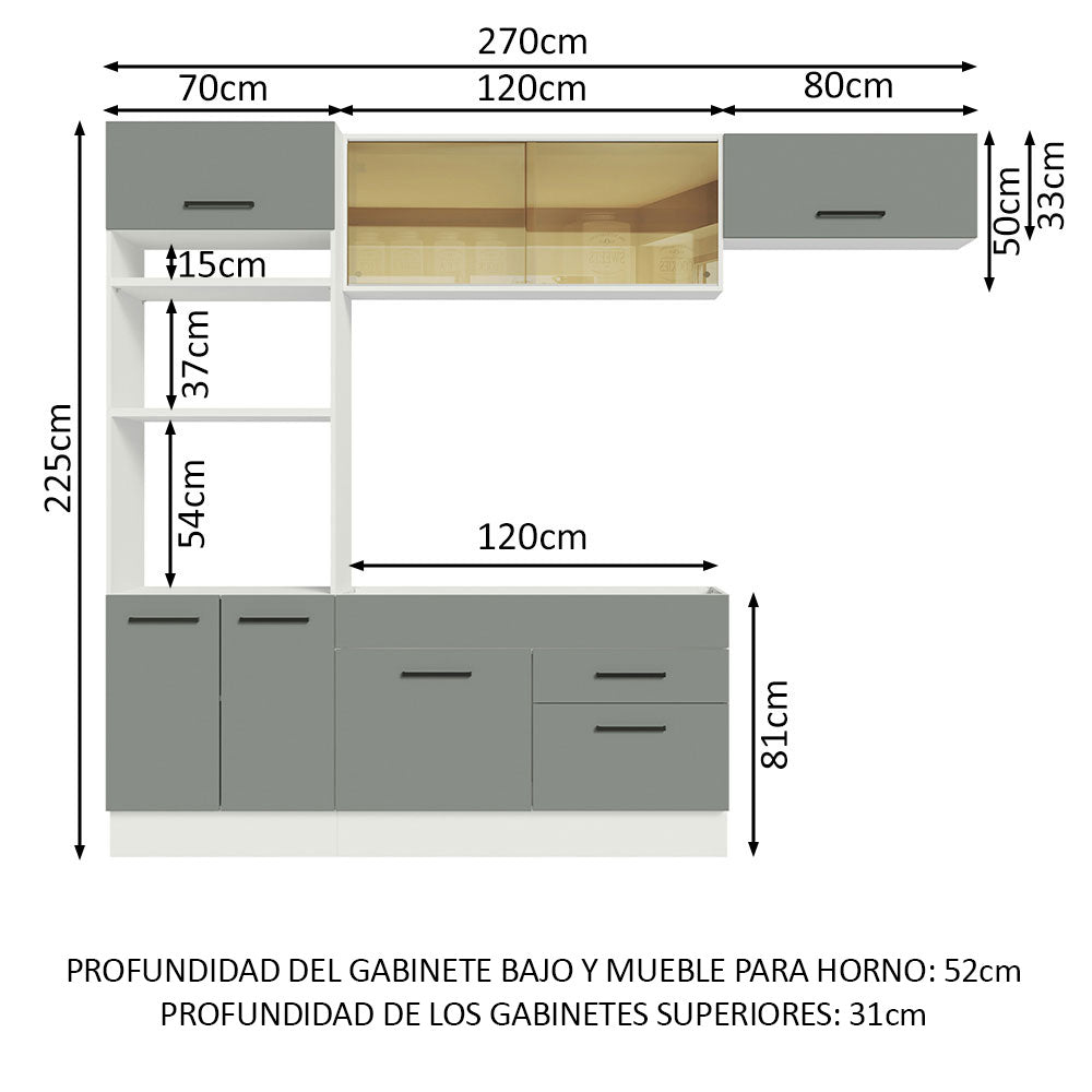 Cocina Integral 270 x 52 cm 7 Puertas 2 Cajones Blanco/Gris Agata Madesa 04