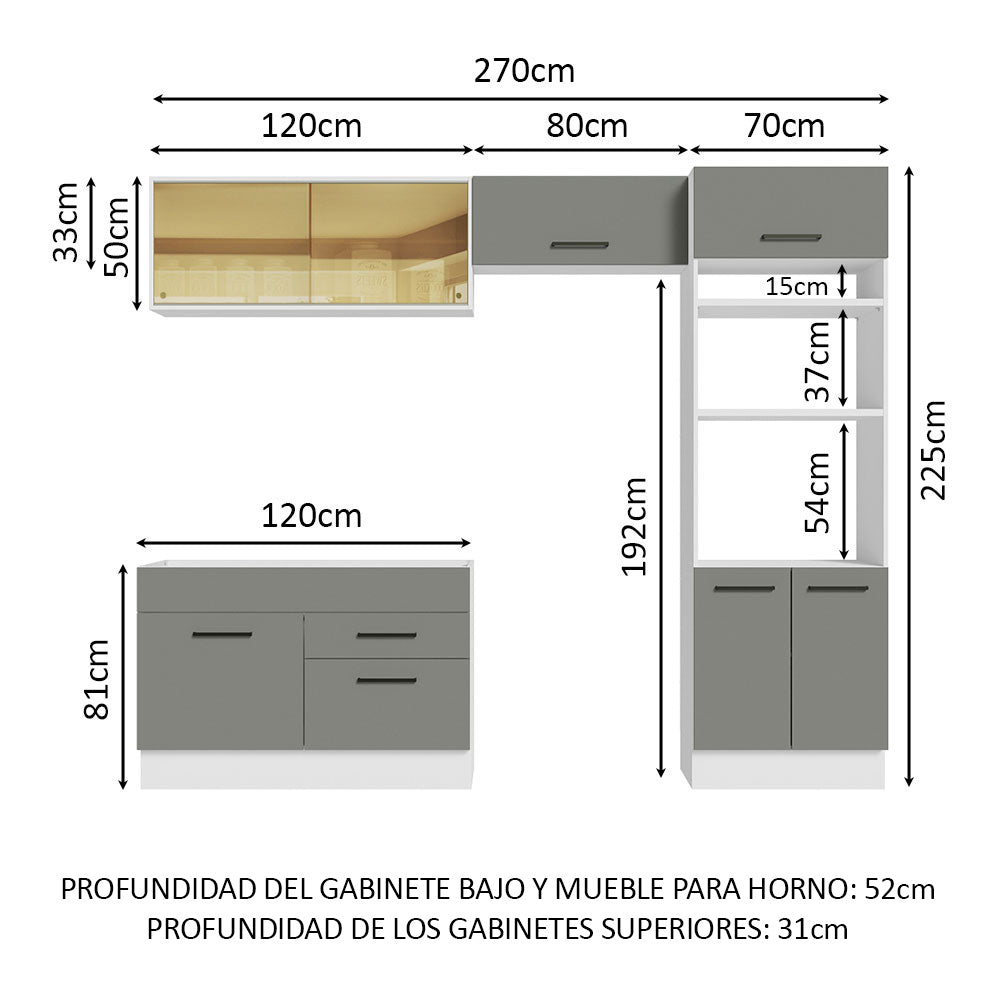 Cocina Integral 270 x 52 cm 7 Puertas 2 Cajones Blanco/Gris Agata Madesa 05